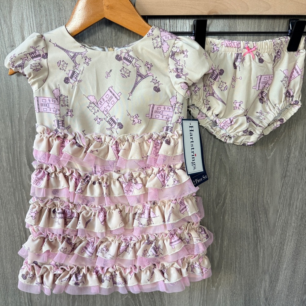 Hartstrings Dress Girls 12M Pink Paris Eiffel Tower Poodle Ruffle Coquette NWT
